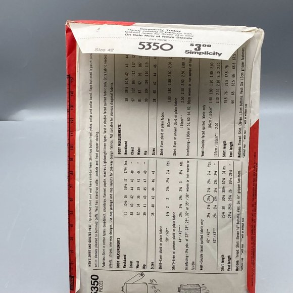 UNCUT Vintage Sewing PATTERN Simplicity 5350, Mens 1981 Shirt and Quilted Vest - Picture 2 of 2